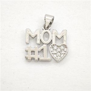 Copper MOM Heart Pendant Pave Zirconia Platinum Plated, approx 12-16mm [FD29412]
