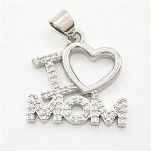 Copper Pendant Pave Zirconia I Love Mama Heart Platinum Plated, approx 16-18mm [FD29416]