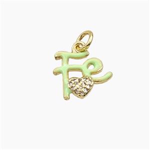 Copper FE Heart Pendant Pave Zirconia Green Enamel Gold Plated, approx 12mm [FD29659]