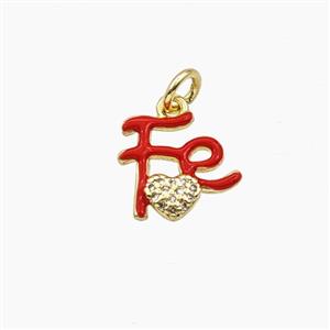 Copper FE Heart Pendant Pave Zirconia Red Enamel Gold Plated, approx 12mm [FD29661]