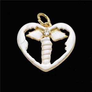 Copper Heart Ange Wings Pendant Pave Zirconia White Enamel Gold Plated, approx 18mm [FD29694]
