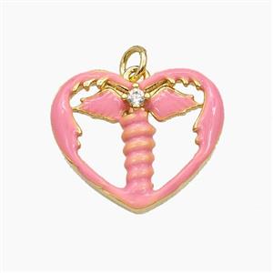 Copper Heart Ange Wings Pendant Pave Zirconia Pink Enamel Gold Plated, approx 18mm [FD29695]