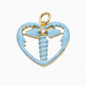 Copper Heart Ange Wings Pendant Pave Zirconia Turqblue Enamel Gold Plated, approx 18mm [FD29696]