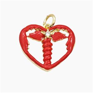 Copper Heart Ange Wings Pendant Pave Zirconia Red Enamel Gold Plated, approx 18mm [FD29697]