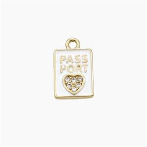 Copper PASSPORT Heart Pendant Pave Zirconia White Enamel Rectangle Travel Gold Plated, approx 8-11mm [FD29699]