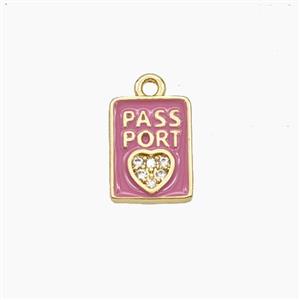 Copper PASSPORT Heart Pendant Pave Zirconia Pink Enamel Rectangle Travel Gold Plated, approx 8-11mm [FD29700]