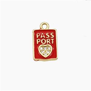 Copper PASSPORT Heart Pendant Pave Zirconia Red Enamel Rectangle Travel Gold Plated, approx 8-11mm [FD29701]