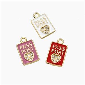 Copper PASSPORT Heart Pendant Pave Zirconia Enamel Rectangle Travel Gold Plated Mixed, approx 8-11mm [FD29702]