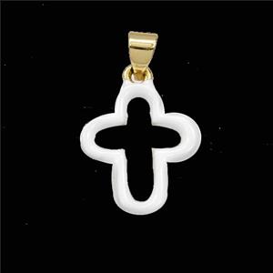 Copper Cross Pendant White Enamel Hollow Gold Plated, approx 14-16mm [FD29705]