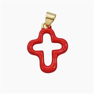 Copper Cross Pendant Red Enamel Hollow Gold Plated, approx 14-16mm [FD29706]