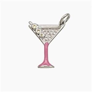 Martini Drink Glass Cup Copper Pendant Pave Zirconia Pink Enamel Platinum Plated, approx 13-17mm [FD29721]