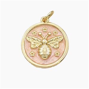 Copper Honeybee Pendant Pink Painted Coin Gold Plated, approx 16mm [FD29731]