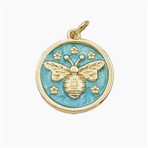 Copper Honeybee Pendant Teal Painted Coin Gold Plated, approx 16mm [FD29732]