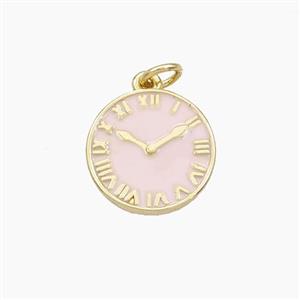Copper Clock Pendant Pink Enamel Coin Gold Plated, approx 15mm [FD29734]