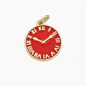 Copper Clock Pendant Red Enamel Coin Gold Plated, approx 15mm [FD29736]