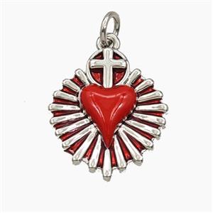 Copper Sacred Heart Pendant Red Enamel Cross Platinum Plated, approx 17-19mm [FD29746]