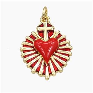Copper Sacred Heart Pendant Red Enamel Cross Gold Plated, approx 17-19mm [FD29747]