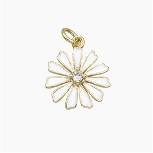Copper Daisy Flower Pendant Pave Zirconia White Enamel Gold Plated, approx 15mm [FD29751]