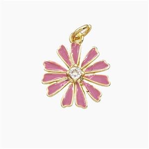 Copper Daisy Flower Pendant Pave Zirconia Pink Enamel Gold Plated, approx 15mm [FD29752]