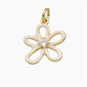 Copper Flower Pendant Pave Zirconia White Enamel Gold Plated, approx 15mm [FD29755]