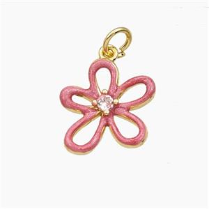 Copper Flower Pendant Pave Zirconia Pink Enamel Gold Plated, approx 15mm [FD29756]