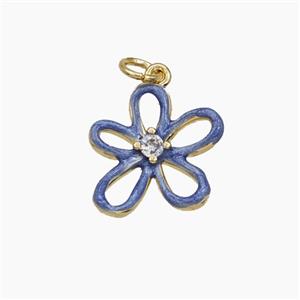 Copper Flower Pendant Pave Zirconia Blue Enamel Gold Plated, approx 15mm [FD29757]