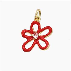 Copper Flower Pendant Pave Zirconia Red Enamel Gold Plated, approx 15mm [FD29758]