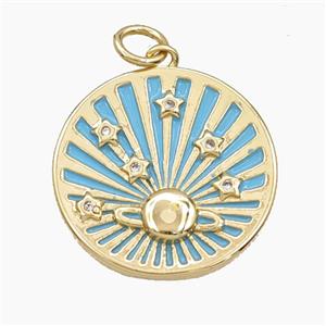 Copper Sun Star Pendant Pave Zirconia Teal Painted Coin Gold Plated, approx 20mm [FD29760]