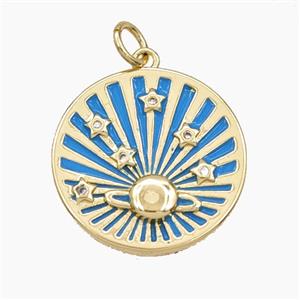 Copper Sun Star Pendant Pave Zirconia Blue Painted Coin Gold Plated, approx 20mm [FD29761]