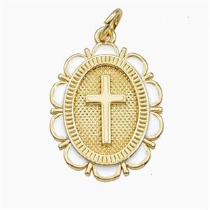 Copper Cross Pendant White Enamel Oval Gold Plated, approx 15.5-20mm [FD29780]