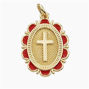 Copper Cross Pendant Red Enamel Oval Gold Plated, approx 15.5-20mm [FD29781]