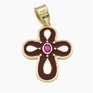Copper Cross Pendant Pave Zirconia DarkRed Enamel Gold Plated, approx 22-25mm [FD29788]
