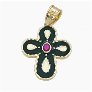 Copper Cross Pendant Pave Zirconia DarkGreen Enamel Gold Plated, approx 22-25mm [FD29789]