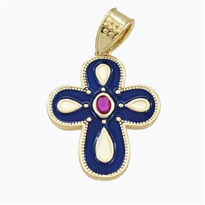 Copper Cross Pendant Pave Zirconia Darkblue Enamel Gold Plated, approx 22-25mm [FD29790]