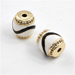 Copper Barrel Beads Pave Zirconia White Enamel Gold Plated, approx 9-10mm [FD29858]