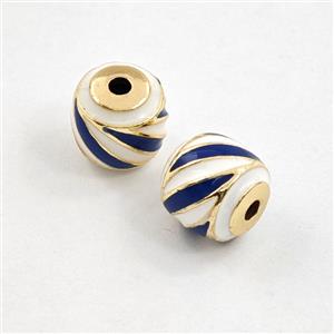 Copper Barrel Beads White Blue Enamel Gold Plated, approx 9mm [FD29859]
