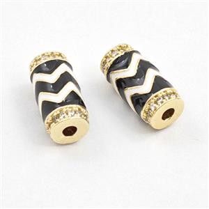Copper Tube Beads Pave Zirconia White Black Enamel Wave Column Gold Plated, approx 6-13mm [FD29862]