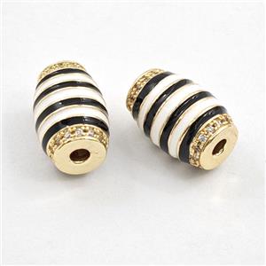 Copper Barrel Beads Pave Zirconia White Black Enamel Line Column Gold Plated, approx 9-13mm [FD29864]