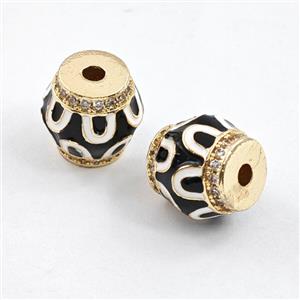Copper Barrel Beads Pave Zirconia White Black Enamel Gold Plated, approx 12mm [FD29865]
