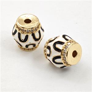 Copper Barrel Beads Pave Zirconia Black White Enamel Gold Plated, approx 12mm [FD29866]