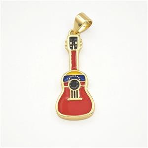 Copper Guitar Pendant Red Enamel Musical Gold Plated, approx 10-23mm [FD29887]