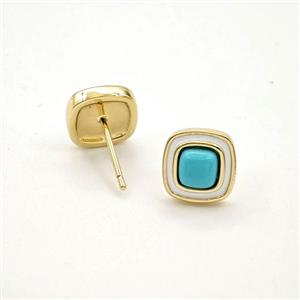 Copper Stud Earrings Pave Blue Turquoise Square Gold Plated, approx 9mm [FD29909]