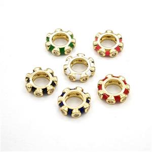 Copper Rondelle Beads Pave Zirconia Enamel Large Hole Gold Plated Mixed, approx 10mm [FD30300]