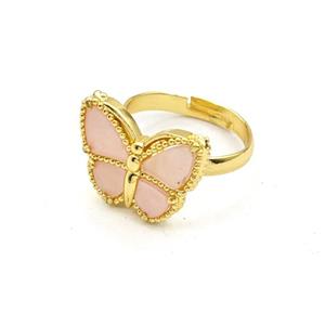 Copper Butterfly Rings Pave Pink Shell Adjustable Gold Plated, approx 15-19mm, 18mm dia [FD30343]