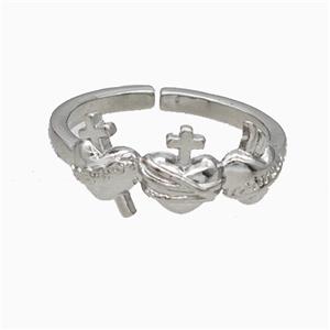 Copper Heart Cross Rings Platinum Plated, approx 8mm, 18mm dia [FN20004]