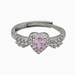 Copper Heart Rings Pave Crystal Glass Adjustable Platinum Plated, approx 8.5-19mm, 18mm dia [FN20006]