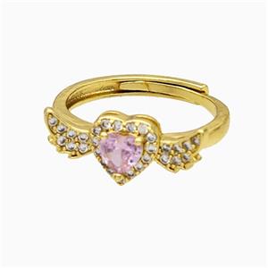 Copper Heart Rings Pave Crystal Glass Adjustable Gold Plated, approx 8.5-19mm, 18mm dia [FN20007]