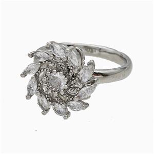 Copper Sunflower Rings Pave Zirconia Rotatable Adjustable Platinum Plated, approx 15mm, 18mm dia [FN20022]