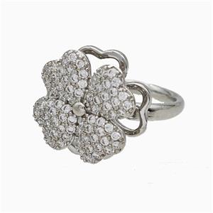 Copper Clover Rings Pave Zirconia Rotatable Adjustable Platinum Plated, approx 16mm, 18mm dia [FN20023]