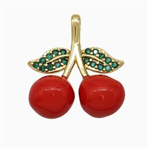 Copper Cherry Pendant Pave Zirconia Red Enamel Gold Plated, approx 18-20mm [FN20112]